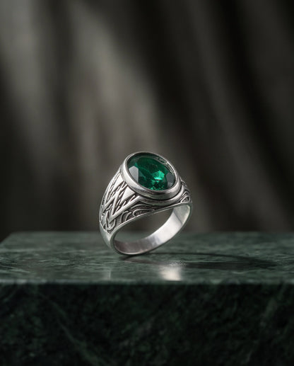 Emerald Gemstone Smooth Bezel Tribal Wing Silver Ring