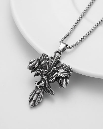 Silver Raven Gothic Cross Pendant Necklace