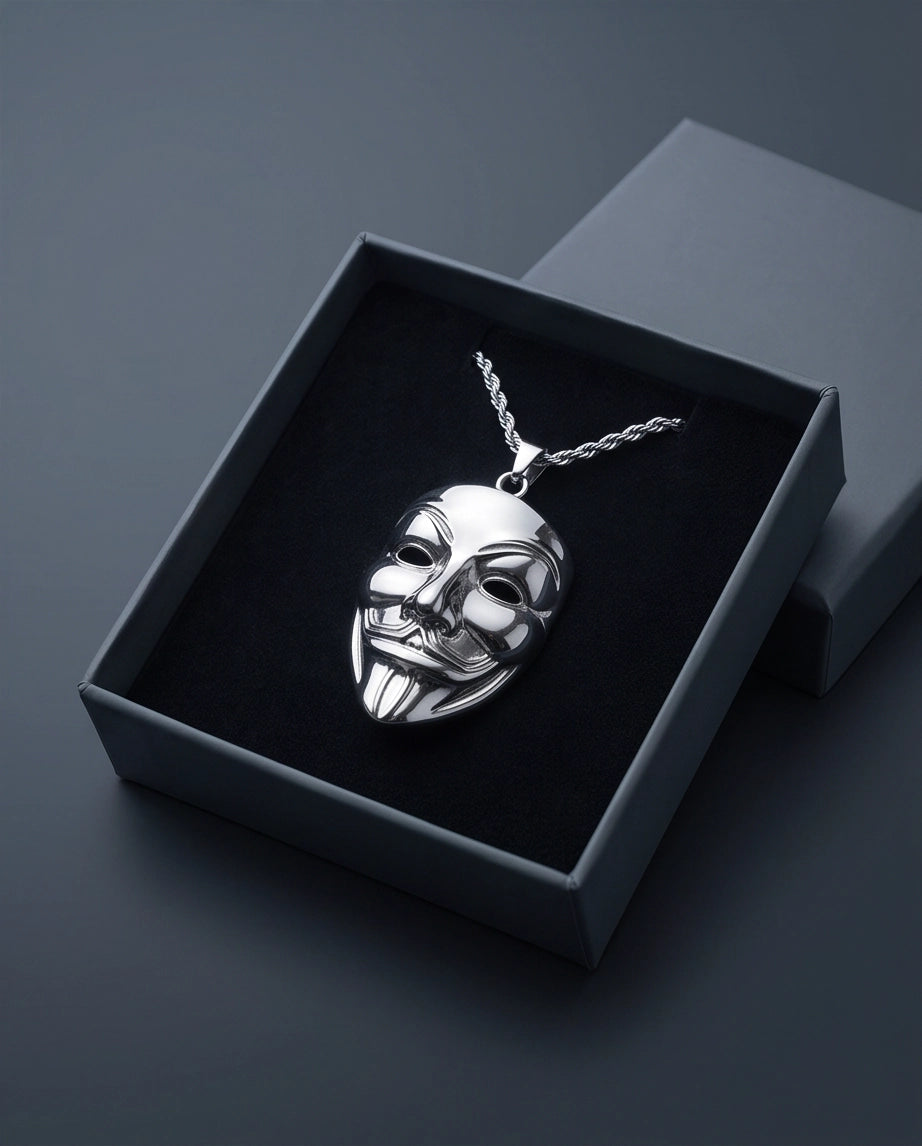 Silver Guy Fawkes Mask Rope Chain Necklace