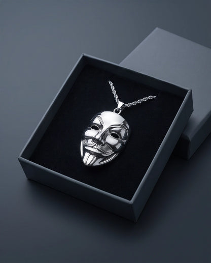 Silver Guy Fawkes Mask Rope Chain Necklace