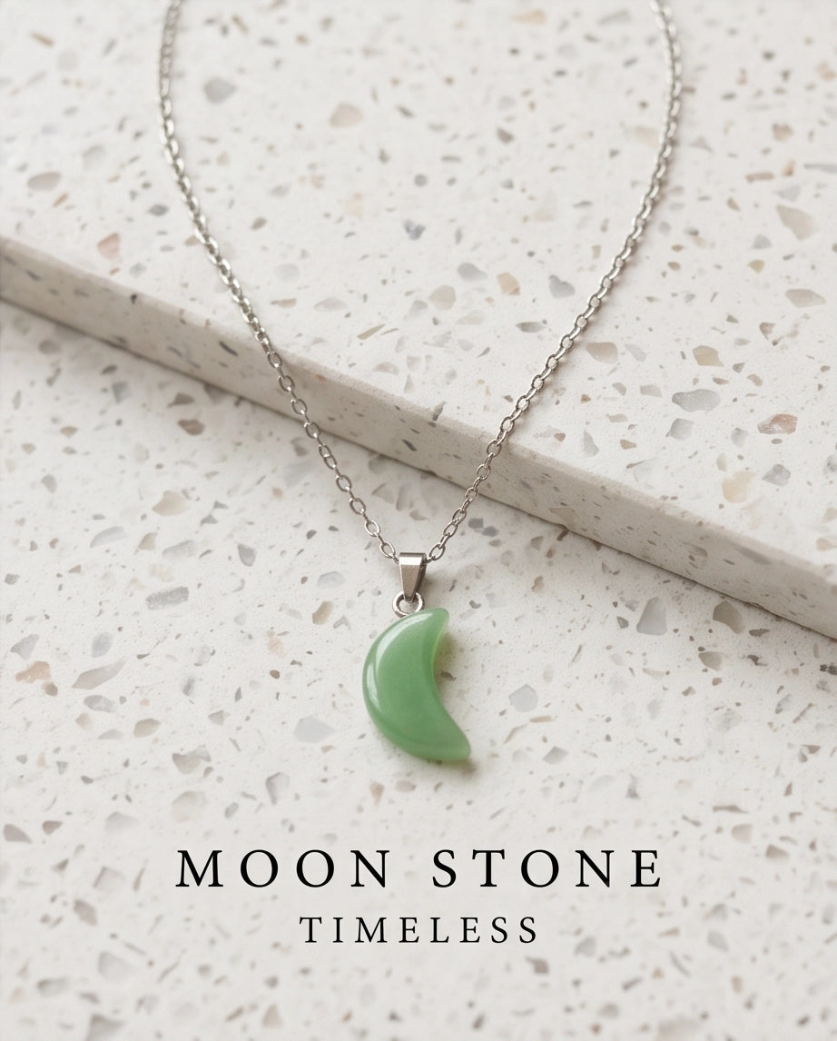 Silver Jade Green Crescent Moon Pendant Necklace