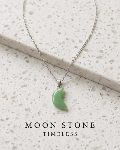 Silver Jade Green Crescent Moon Pendant Necklace