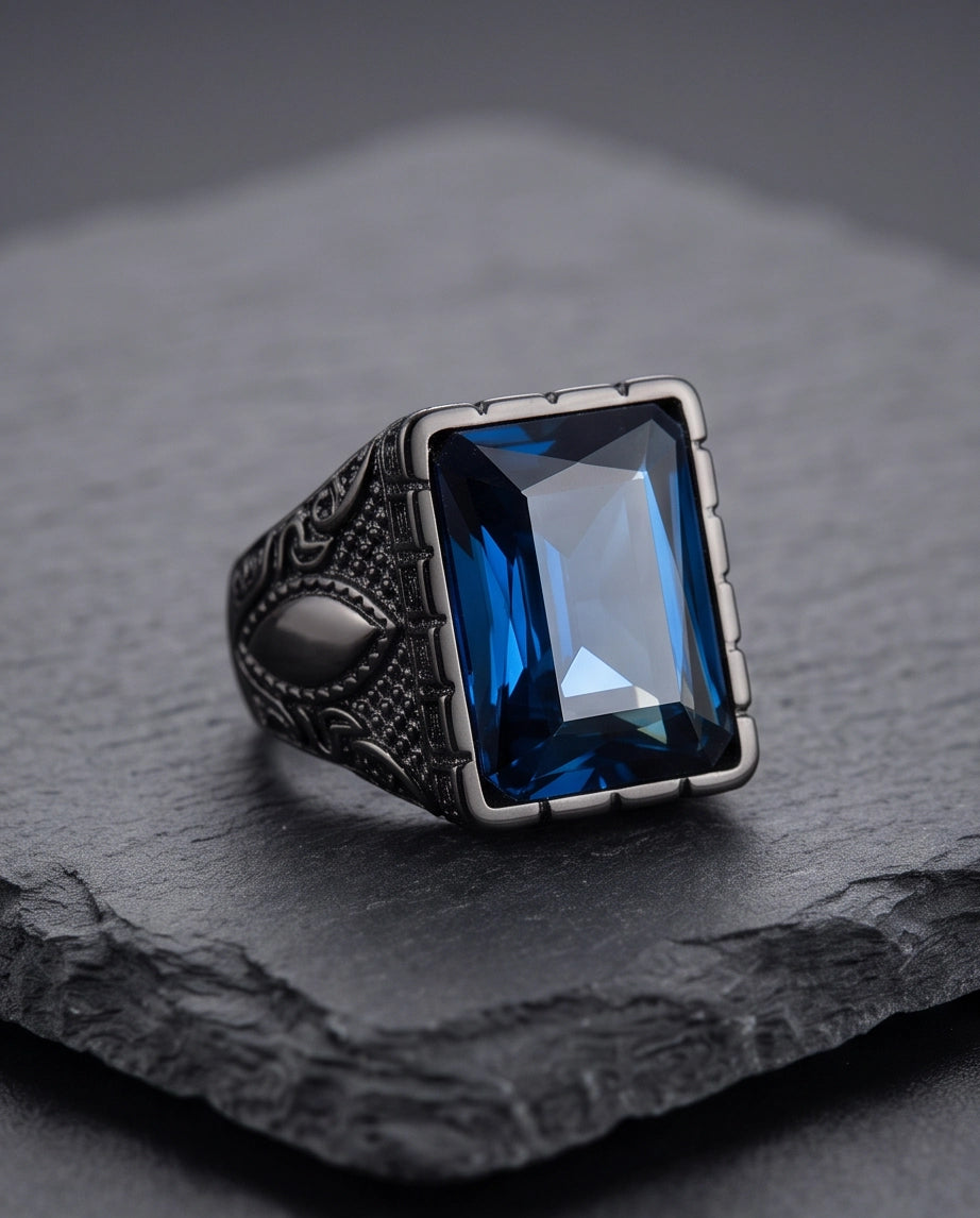 Deep Sapphire Emerald-Cut Gemstone Architectural Filigree Silver Ring