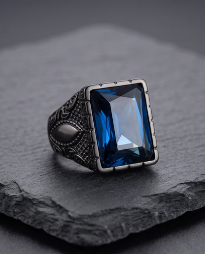 Deep Sapphire Emerald-Cut Gemstone Architectural Filigree Silver Ring