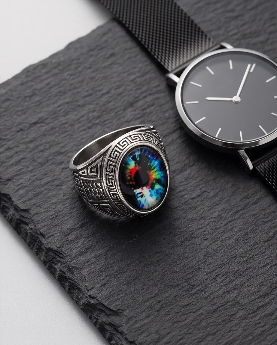 Cosmic Multi-Color Tie-Dye Cabochon Greek Key Silver Ring