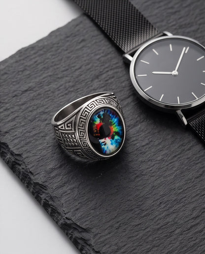 Cosmic Multi-Color Tie-Dye Cabochon Greek Key Silver Ring