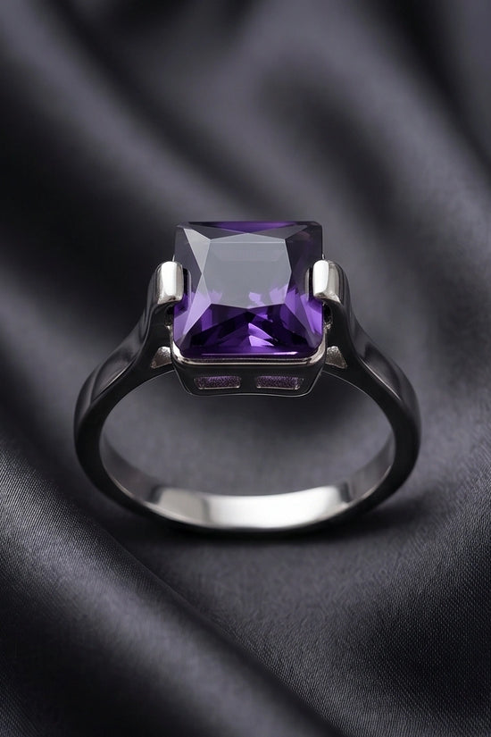 Sterling Silver Deep Amethyst Princess Cut Solitaire Ring
