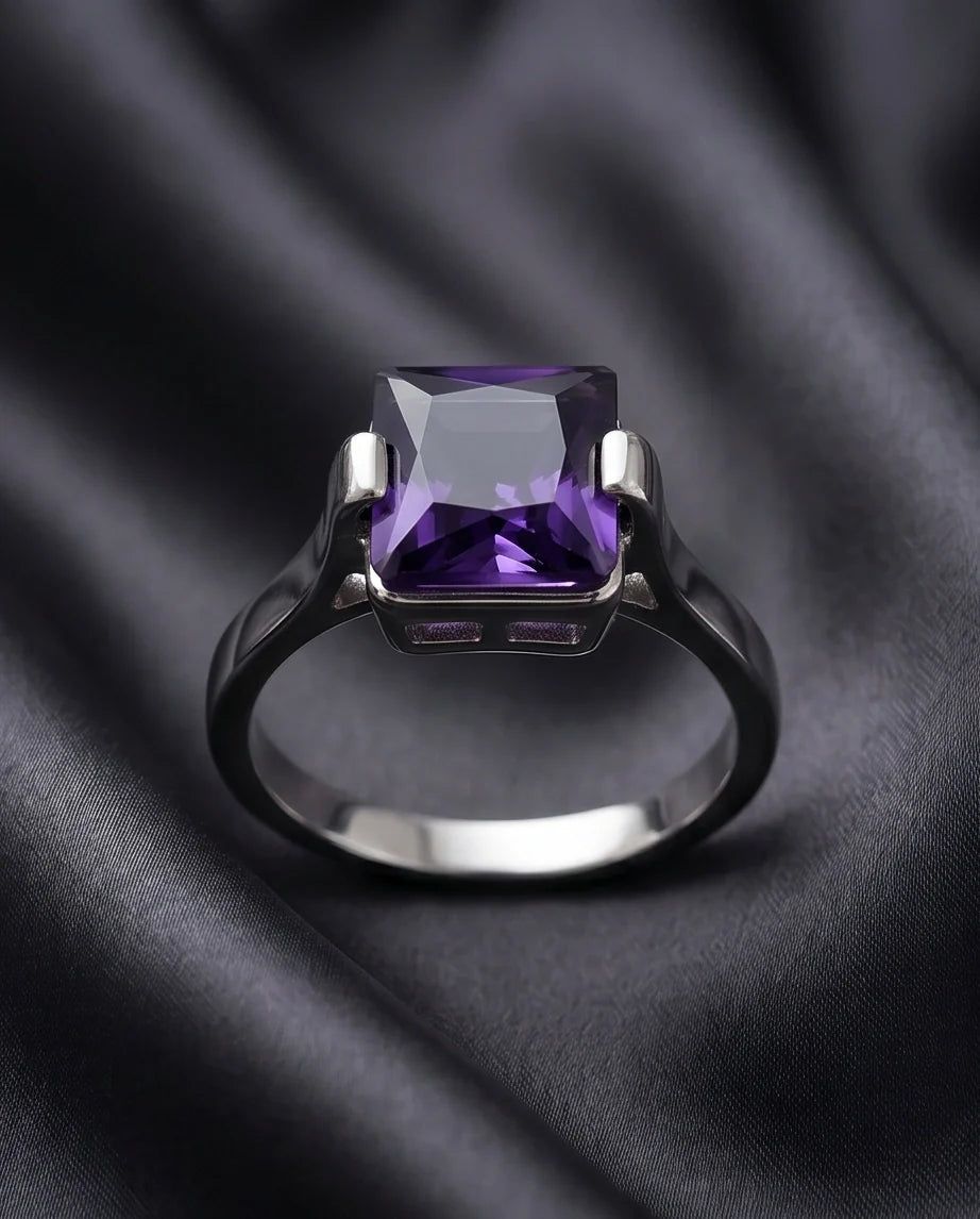 Sterling Silver Deep Amethyst Princess Cut Solitaire Ring