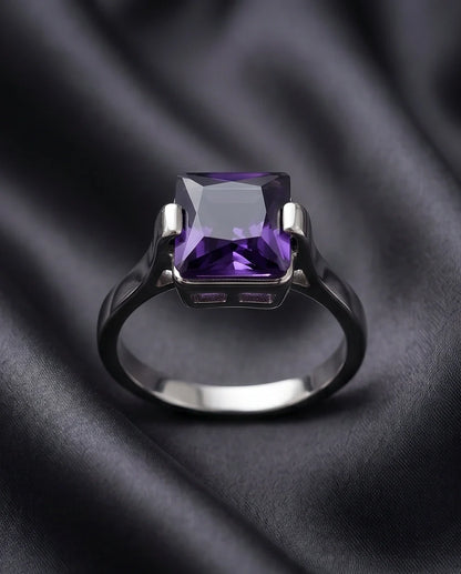 Sterling Silver Deep Amethyst Princess Cut Solitaire Ring