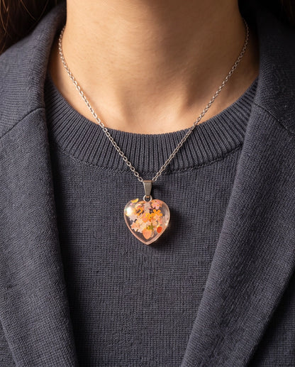 Silver Peach Orange Glitter Heart Resin Pendant Necklace