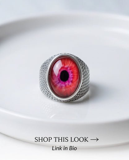 Crimson Evil Eye Cabochon Scale-Band Silver Ring