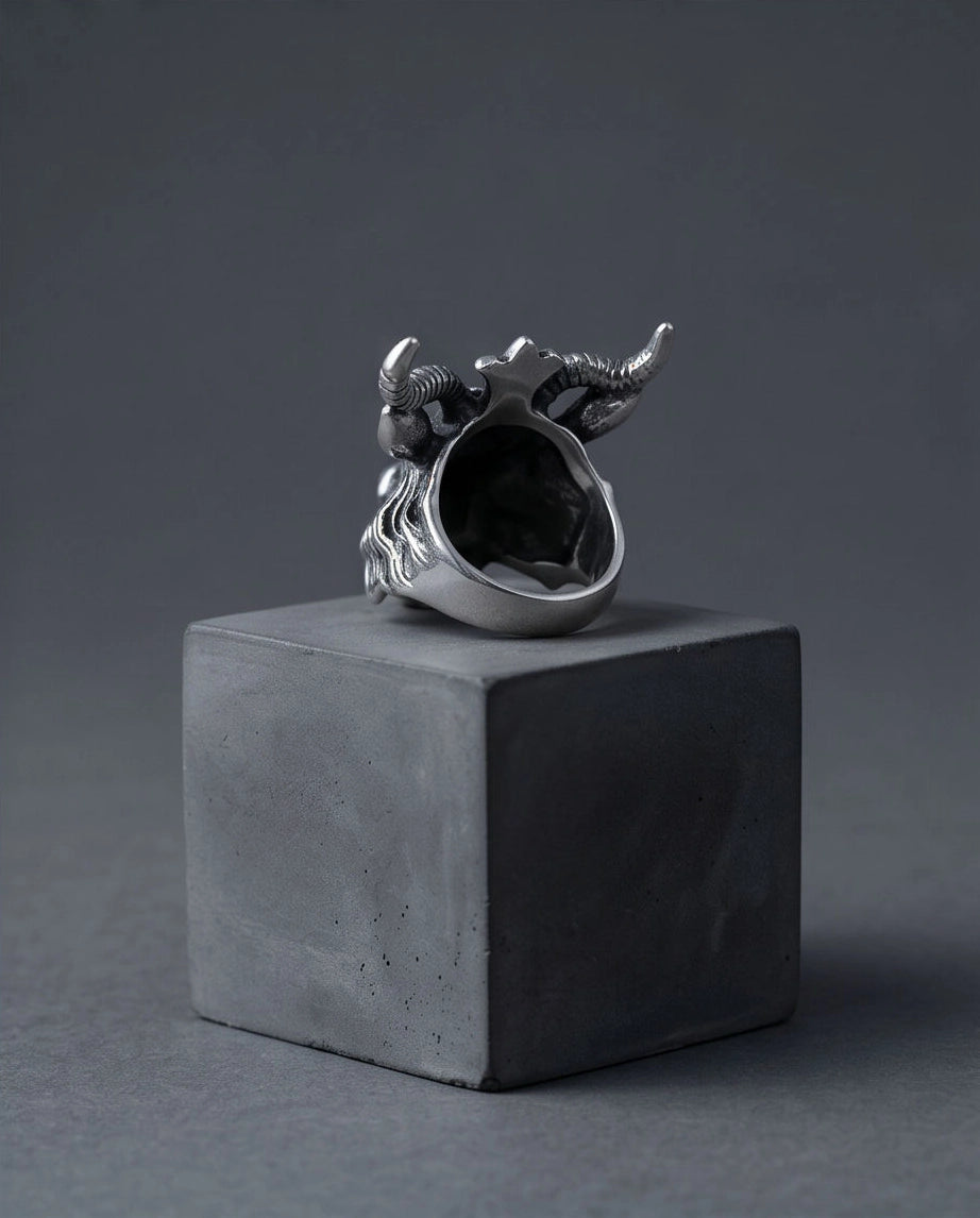 Red-Eyed Sculpted Baphomet Ram Ring