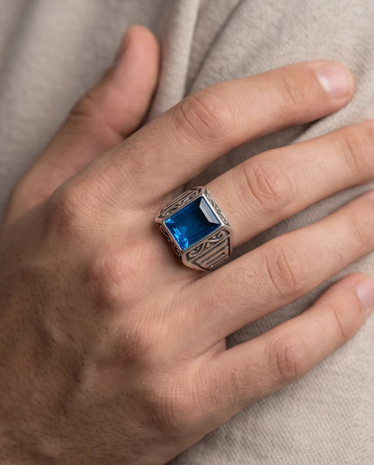Sapphire Gemstone Rectangular Filigree Bezel Silver Ring