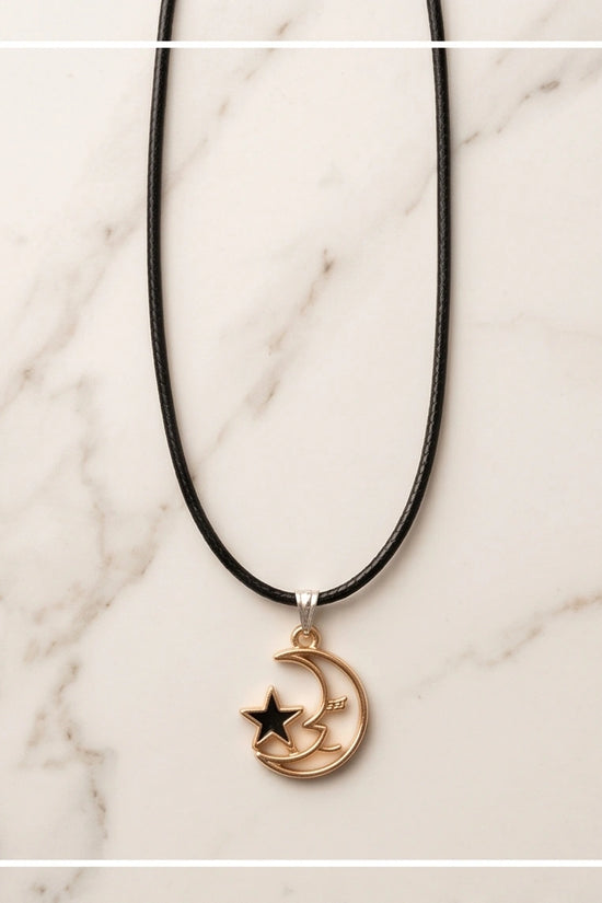Gold Crescent Moon and Black Star Necklace