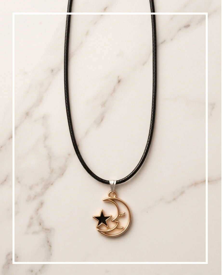 Gold Crescent Moon and Black Star Necklace