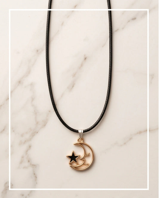 Gold Crescent Moon and Black Star Necklace