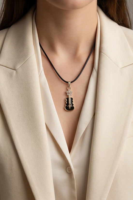 Gold and Black Enamel Violin Necklace