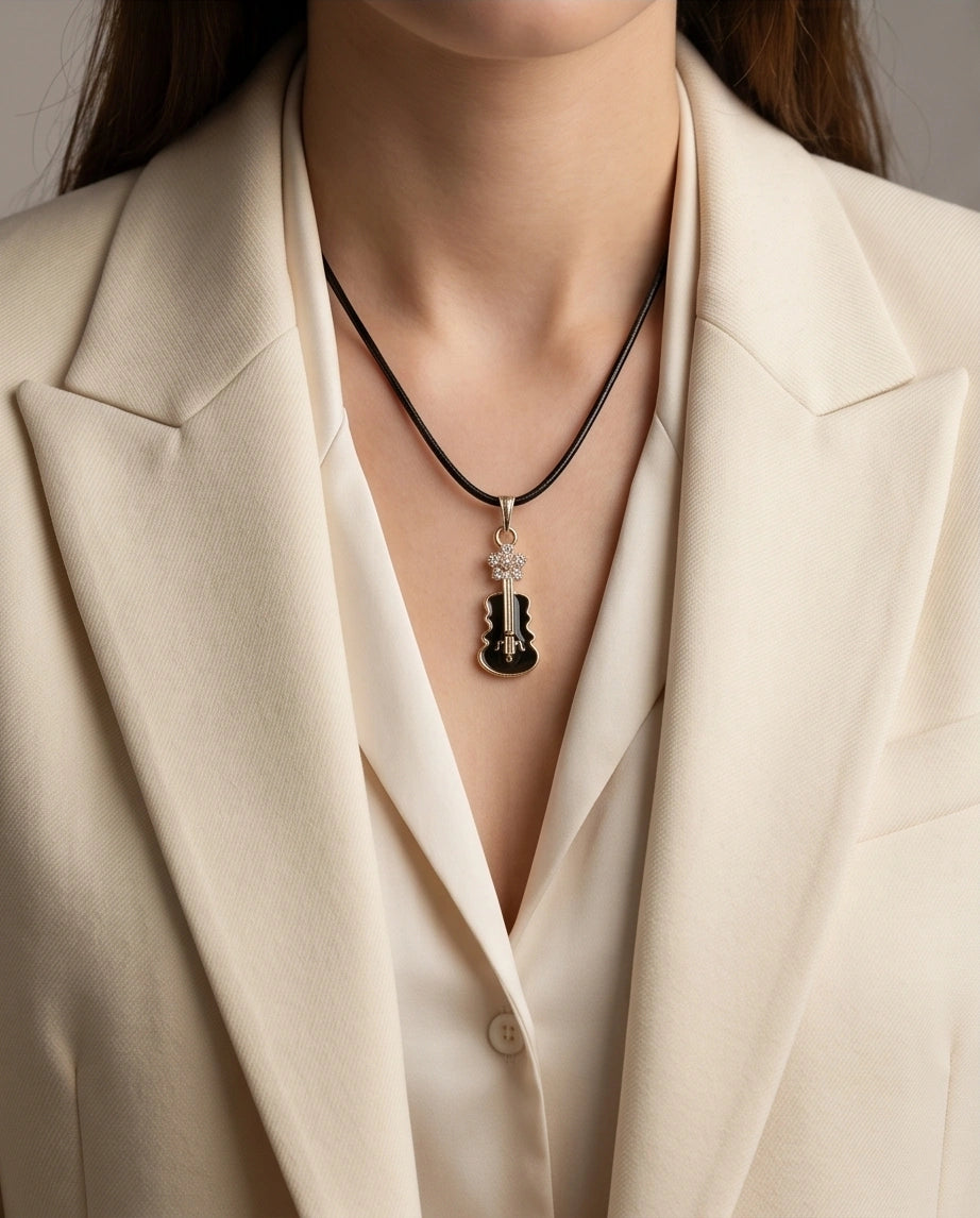 Gold and Black Enamel Violin Necklace