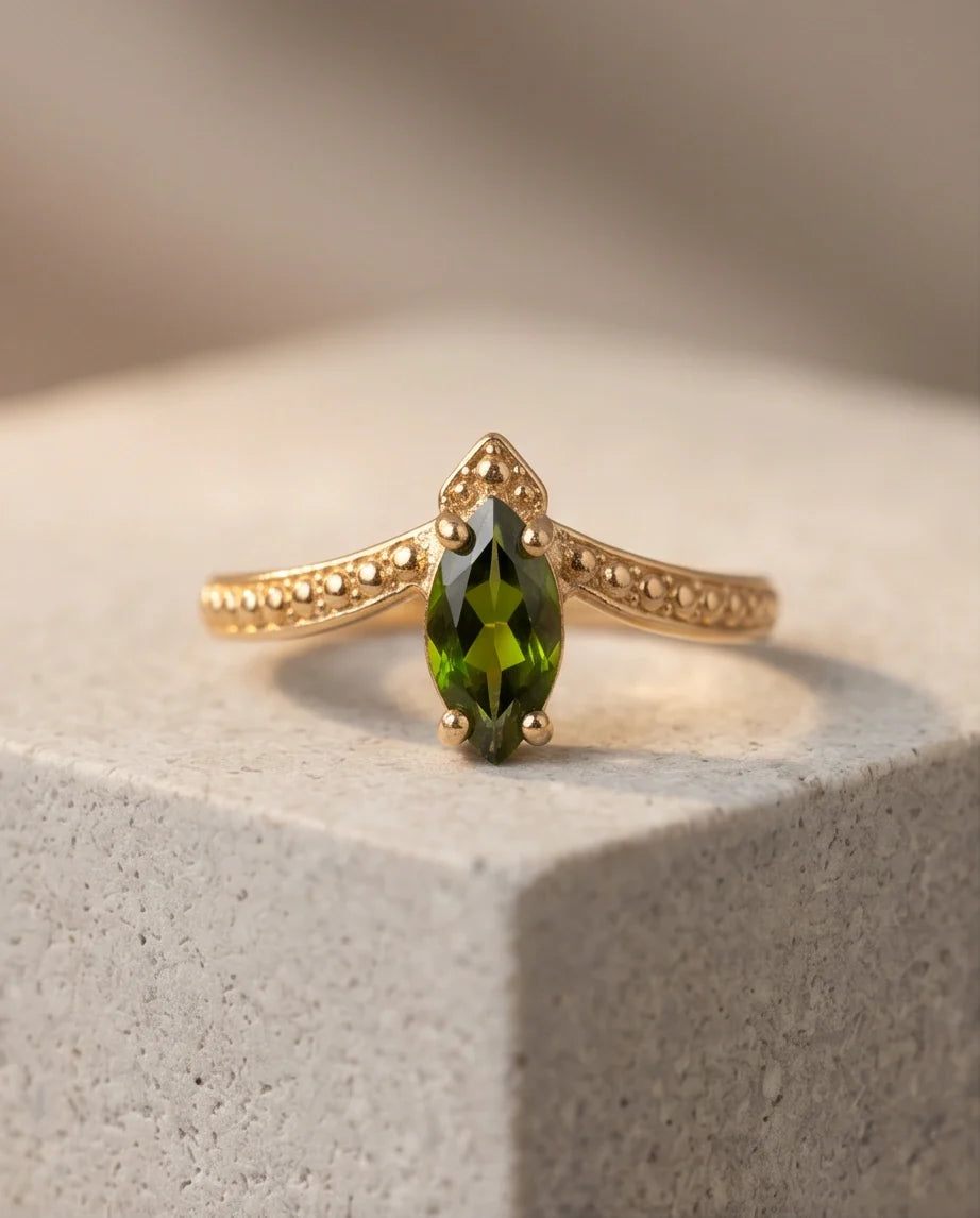 Vintage Gold Marquise Emerald Gothic Granulation Ring