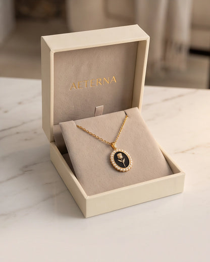 Gold Pearl Frame Black Enamel Rose Oval Pendant Necklace