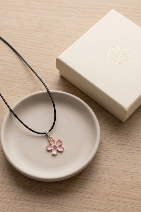 Pink Cherry Blossom Enamel Pendant Necklace with Crystal Accent