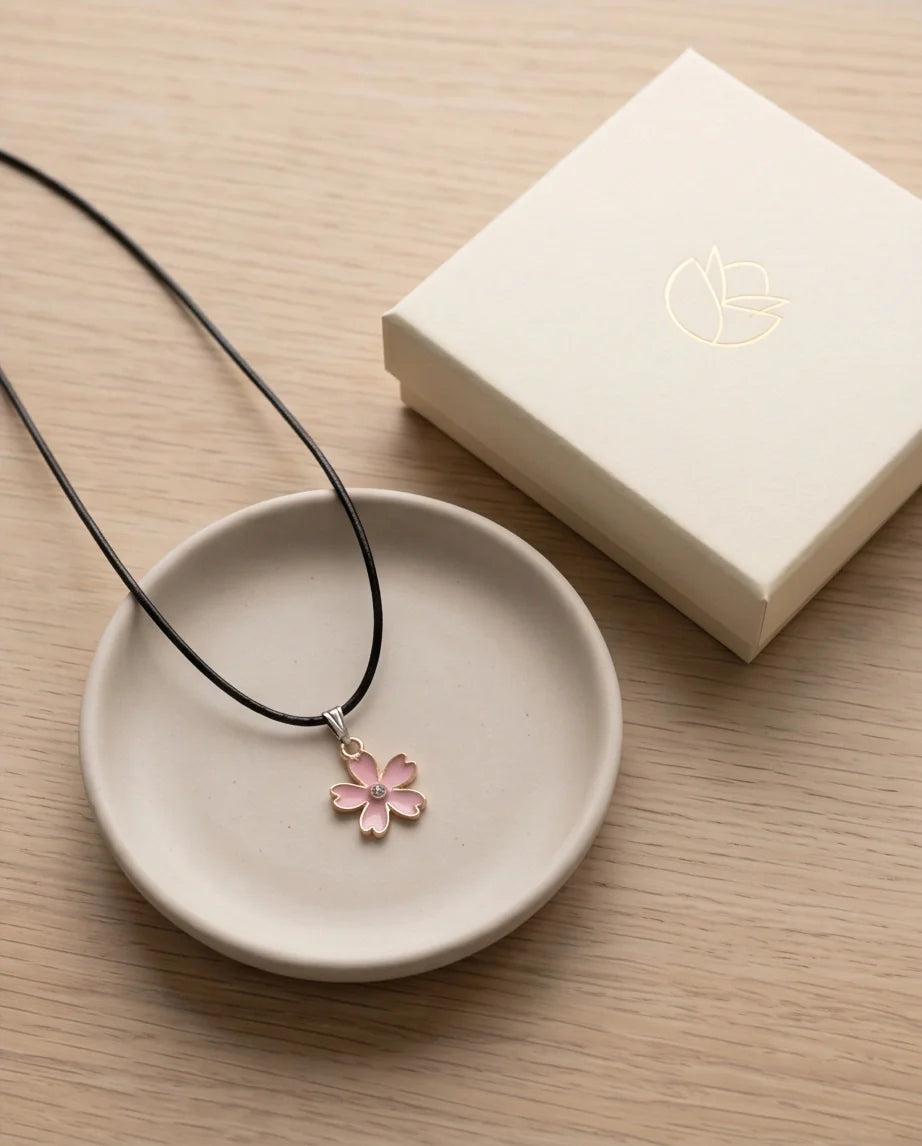 Pink Cherry Blossom Enamel Pendant Necklace with Crystal Accent