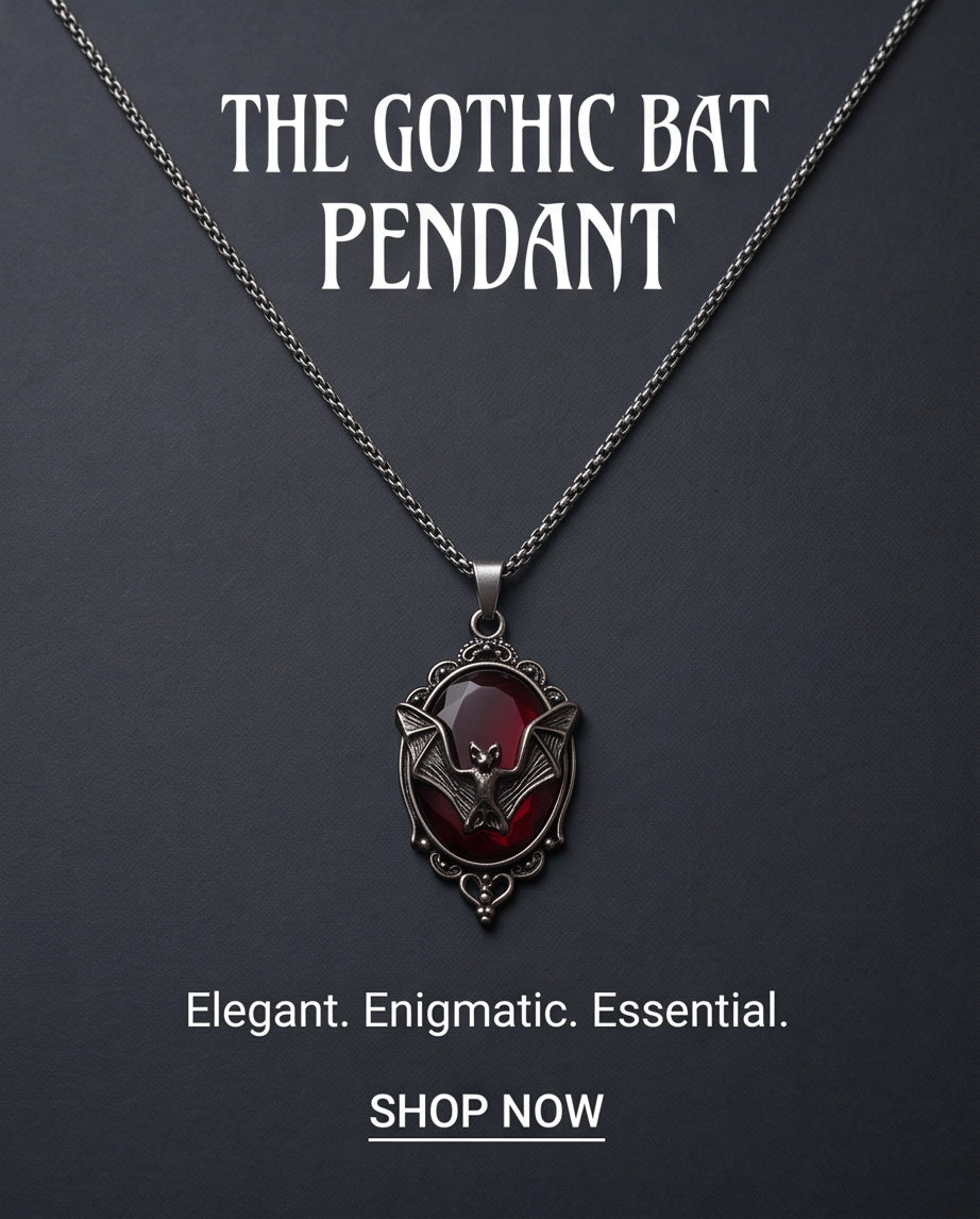 Antique Silver Gothic Bat Dark Red Enamel Medallion Chain Necklace