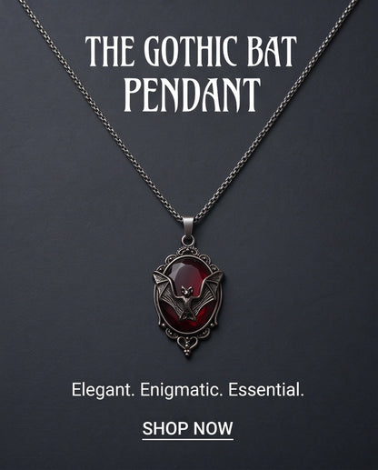 Antique Silver Gothic Bat Dark Red Enamel Medallion Chain Necklace