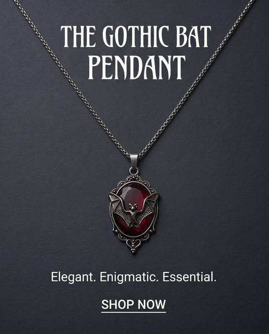 Antique Silver Gothic Bat Dark Red Enamel Medallion Chain Necklace