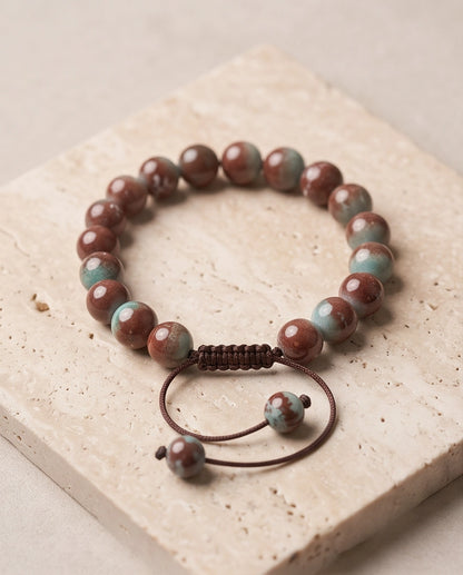 Earthy Rust & Teal Two-Tone Stone Beaded Adjustable Macrame Bracelet