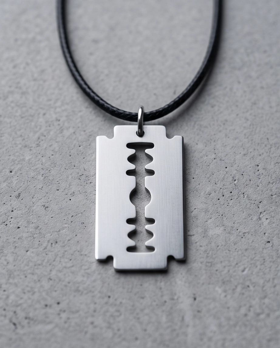 Brushed Silver Razor Blade Cord Necklace