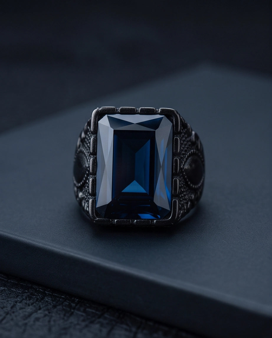 Deep Sapphire Emerald-Cut Gemstone Architectural Filigree Silver Ring