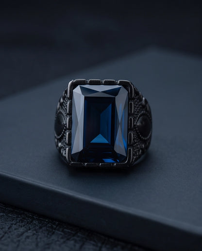 Deep Sapphire Emerald-Cut Gemstone Architectural Filigree Silver Ring