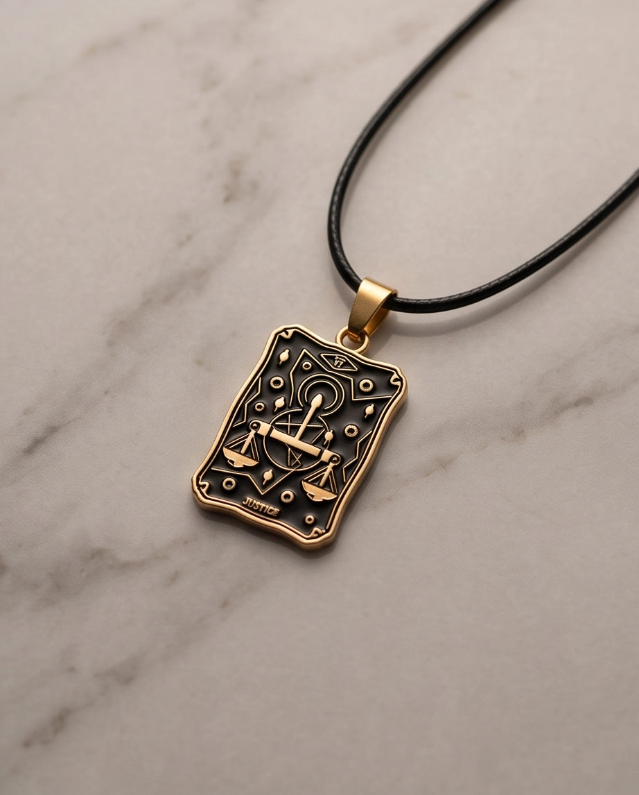 Gold "Justice" Tarot Card Pendant Necklace