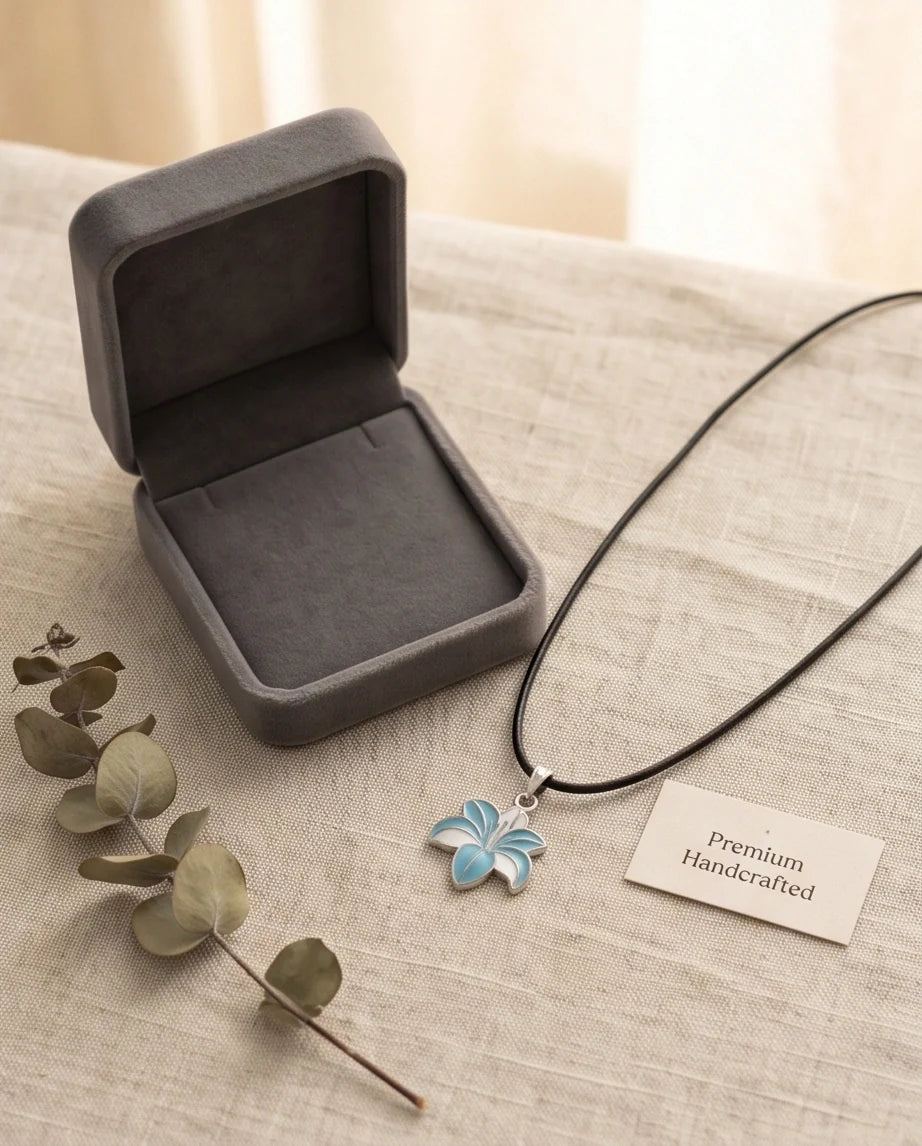Serene Blue and White Lily Enamel Pendant Necklace