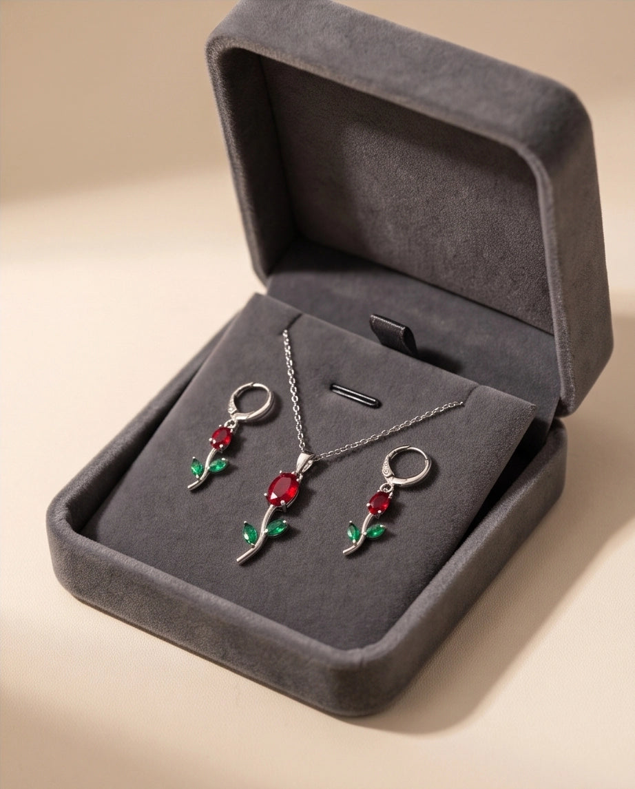 Silver Crystal Rose Necklace Set