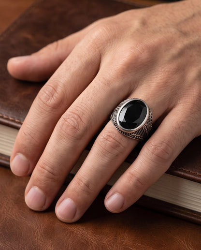 Onyx Gemstone Smooth Bezel Chevron Stippled Silver Ring