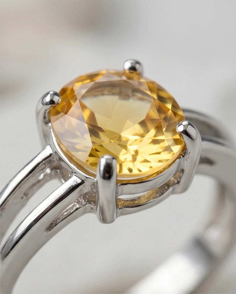 Sterling Silver Oval-Cut Split Shank Yellow Citrine Ring