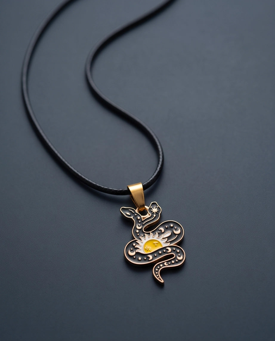 Gold Sunburst Serpent Enamel Pendant Necklace