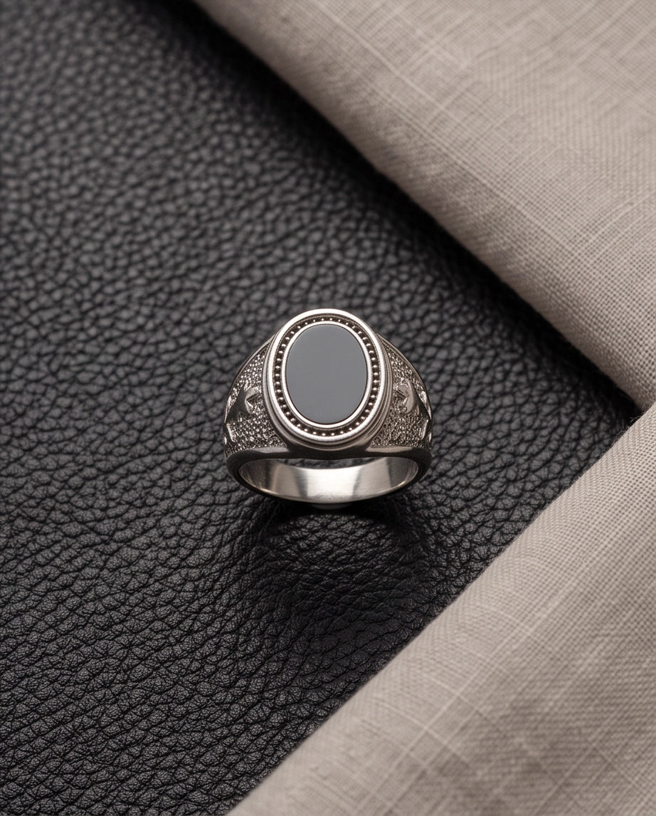 Celestial Oval Cabochon Starry-Night Stippled Silver Ring