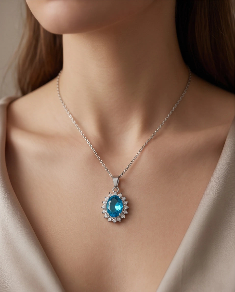 Silver Aquamarine Blue Oval Halo Medallion Pendant Necklace