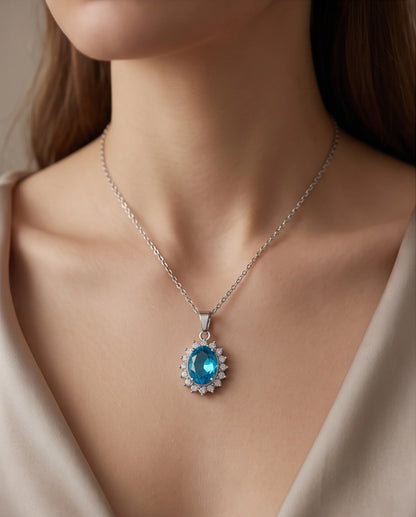 Silver Aquamarine Blue Oval Halo Medallion Pendant Necklace