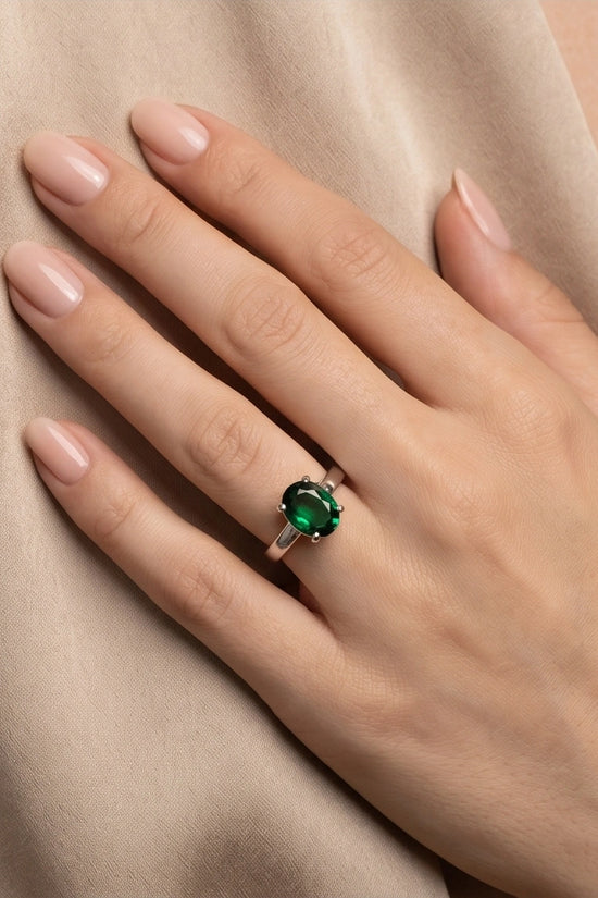 Sterling Silver Oval-Cut Green Emerald Solitaire Ring