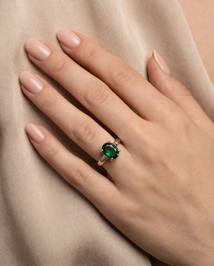 Sterling Silver Oval-Cut Green Emerald Solitaire Ring