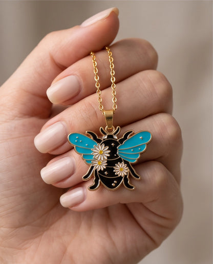 Gold Daisy Honeybee Enamel Chain Necklace