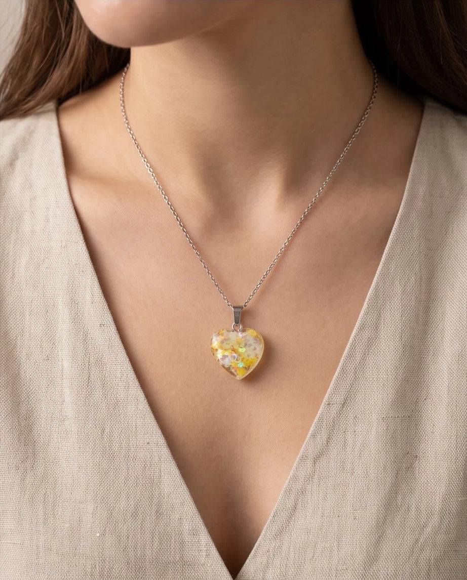 Silver Sunshine Yellow Glitter Heart Resin Pendant Necklace