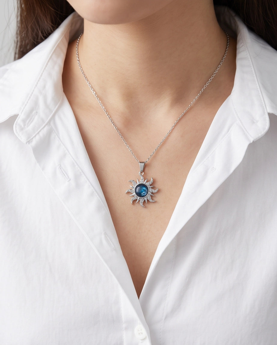 Silver Crystal Celestial Sunburst Galaxy Pendant Necklace