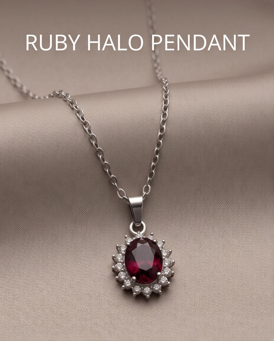 Silver Ruby Red Oval Halo Medallion Pendant Necklace