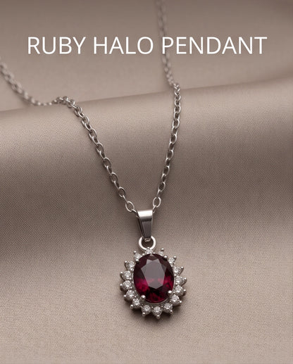 Silver Ruby Red Oval Halo Medallion Pendant Necklace