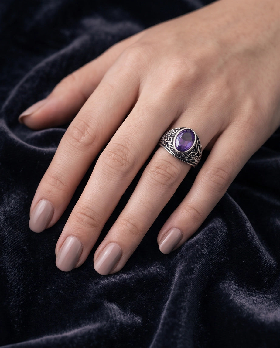 Amethyst Purple Oval-Cut Gemstone Celtic Knot Silver Ring
